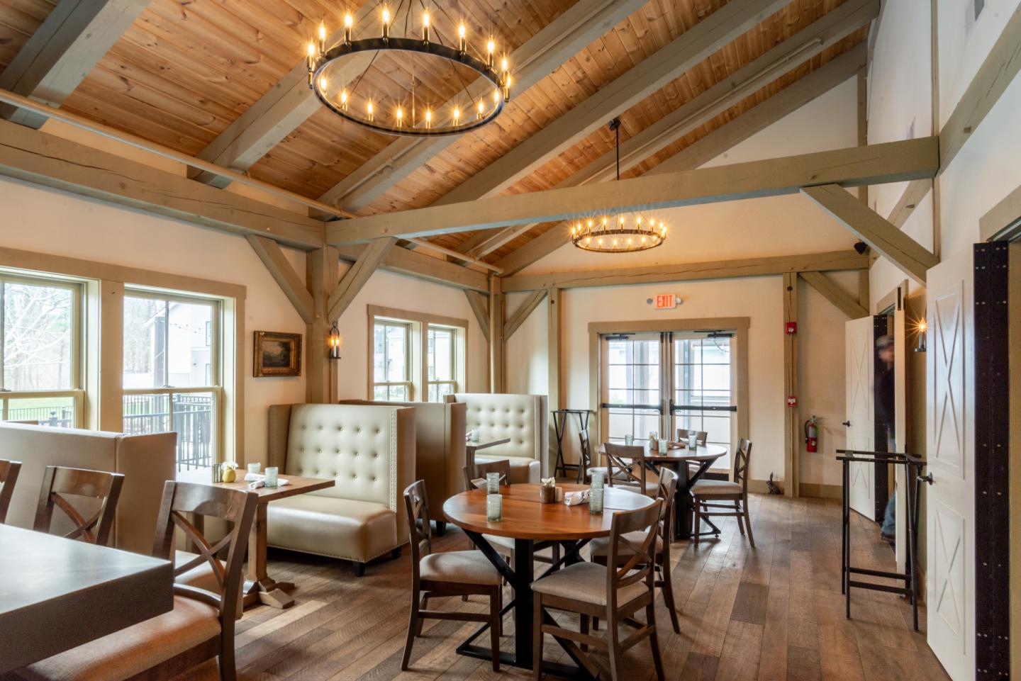 A private dining room with booths and tables
