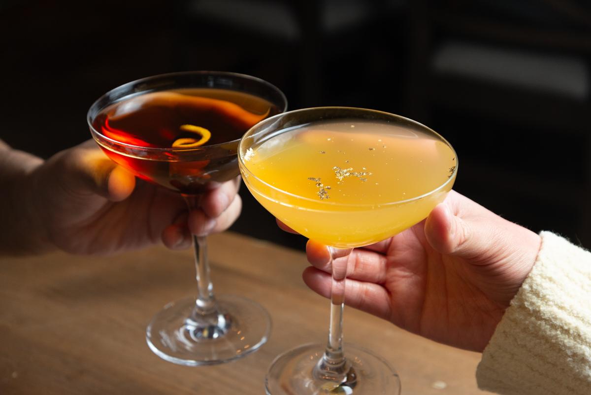 Rob Rye and Pear Tree glass toast