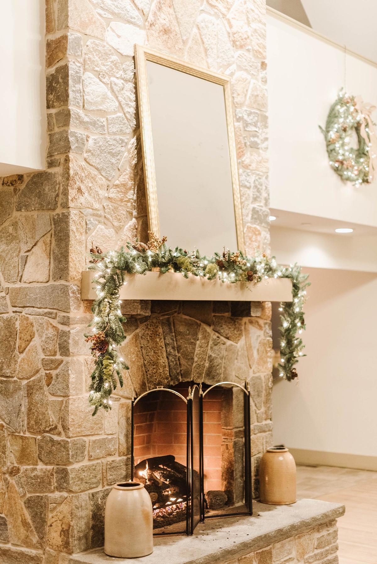 fire place with holiday decor