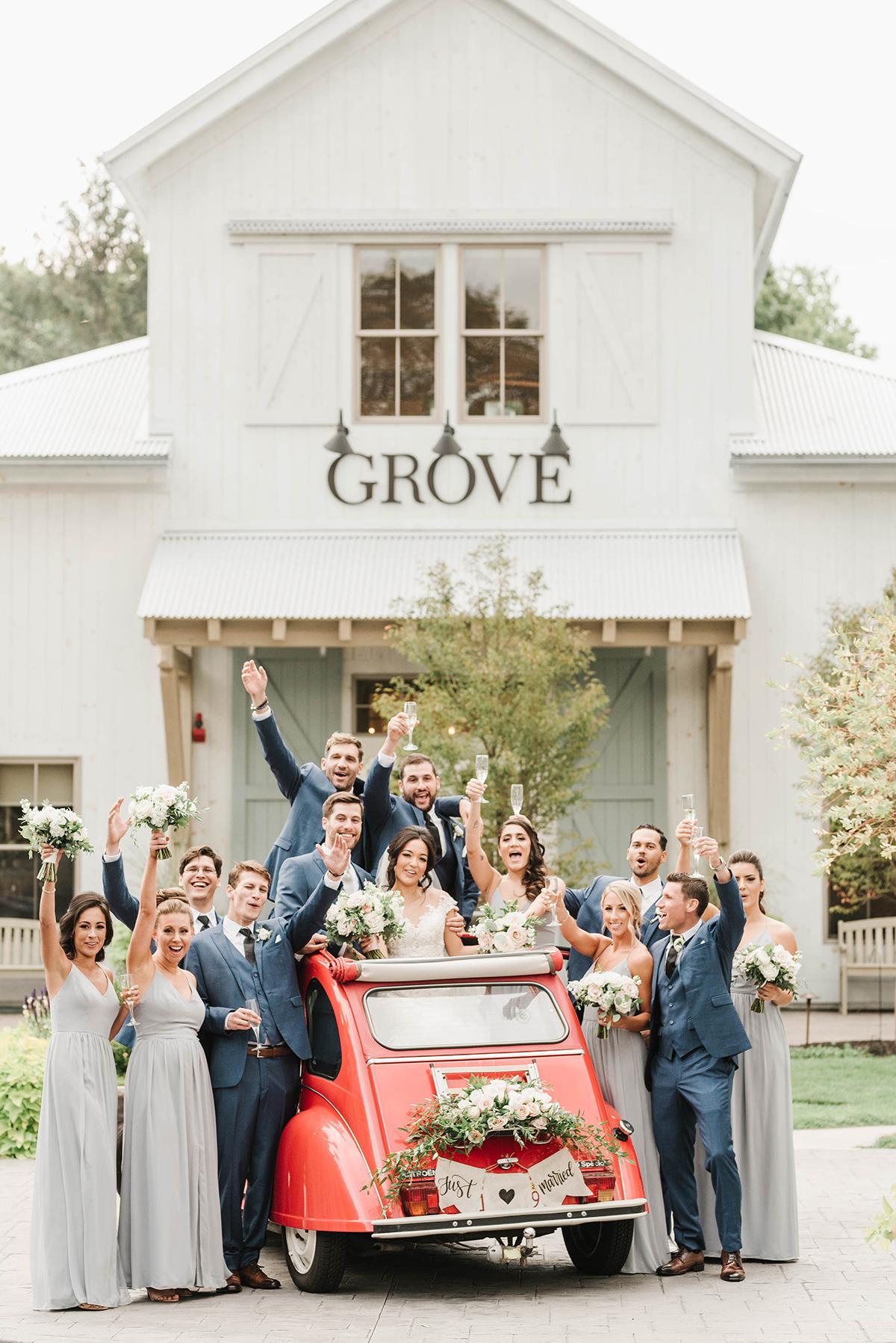 wedding party in front of grove