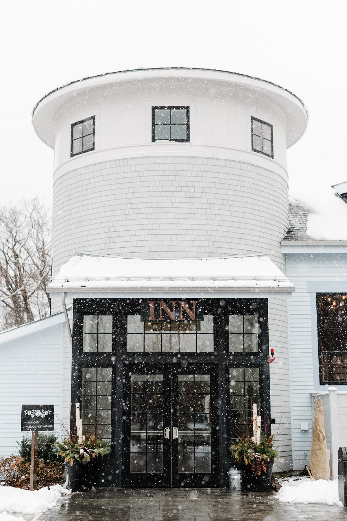 snowy inn entrance