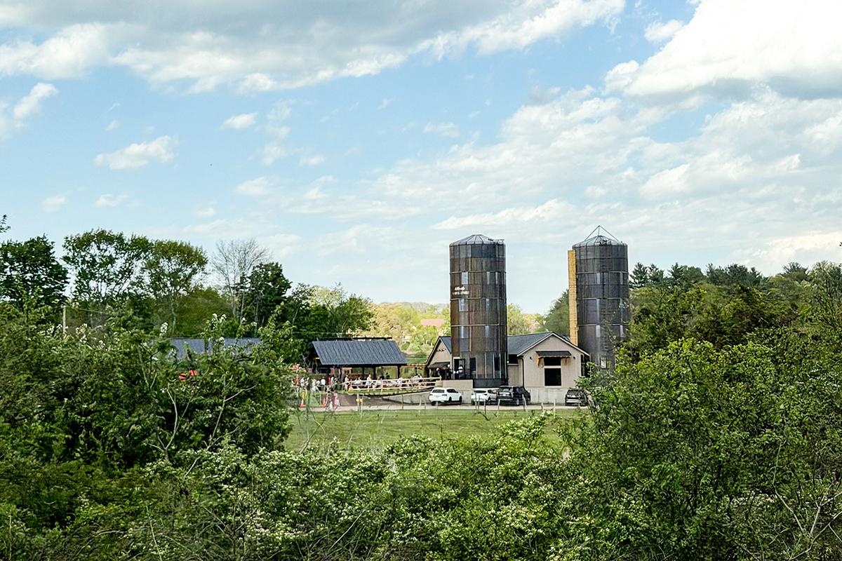 Farm with two silos and trees under a cloudy sky.