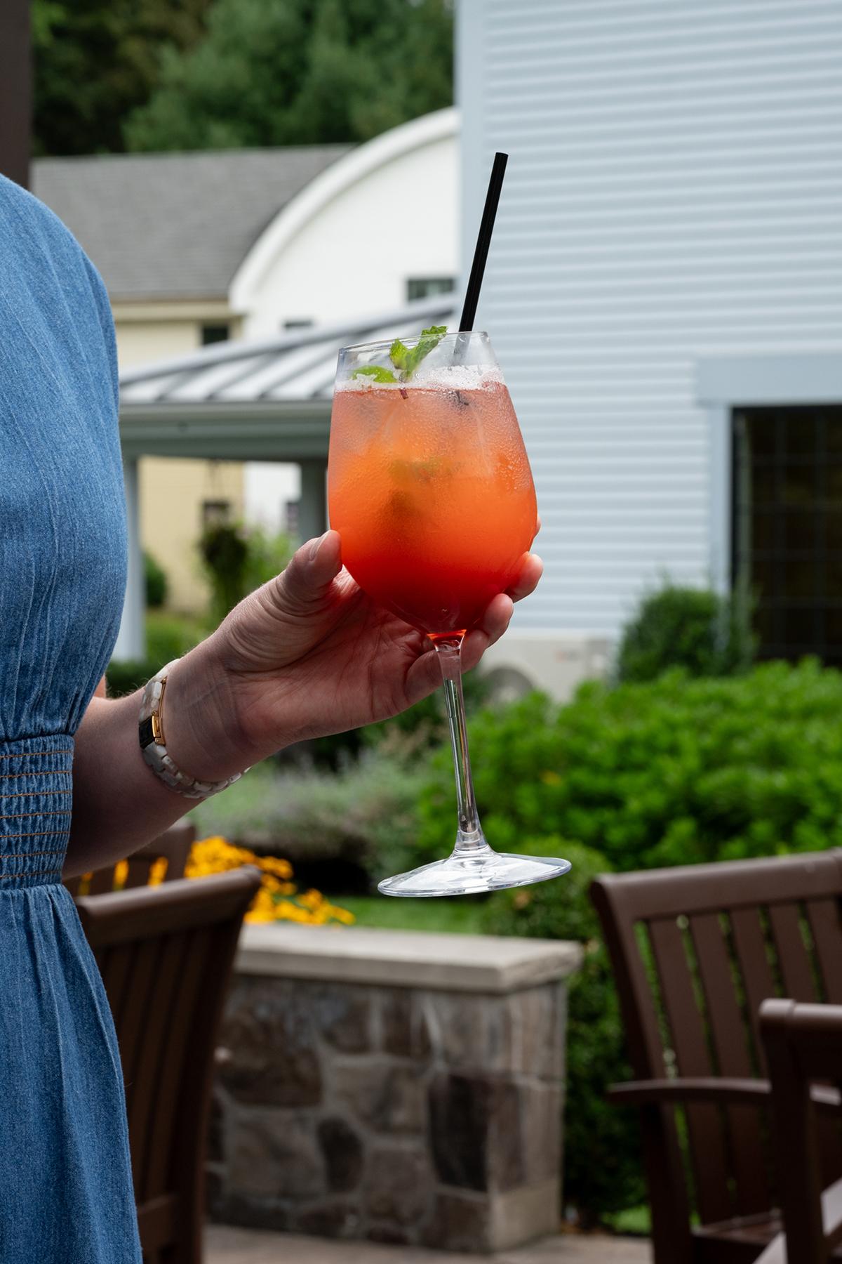 Person holding a red-orange cocktail with a straw on a backyard patio.